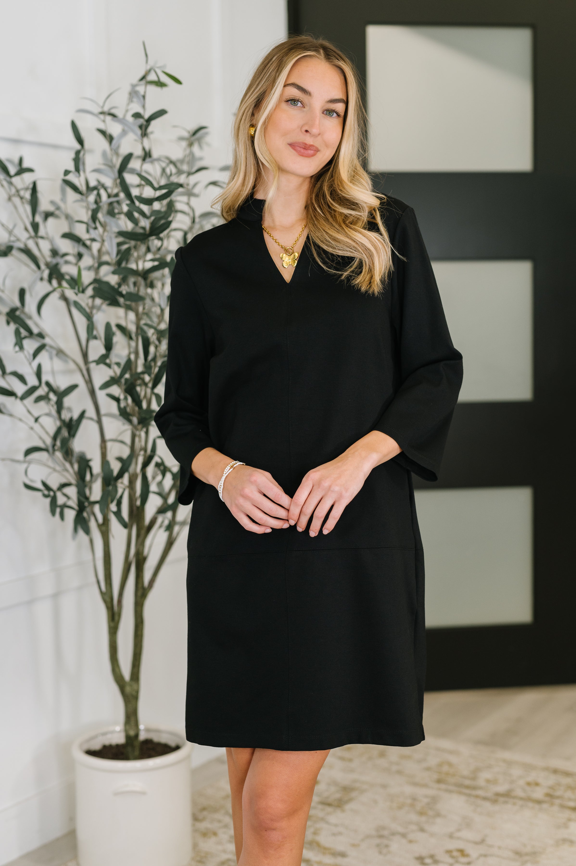 black dress with quarter sleeves Cotton On bella three quarter length sleeve mini dress in black