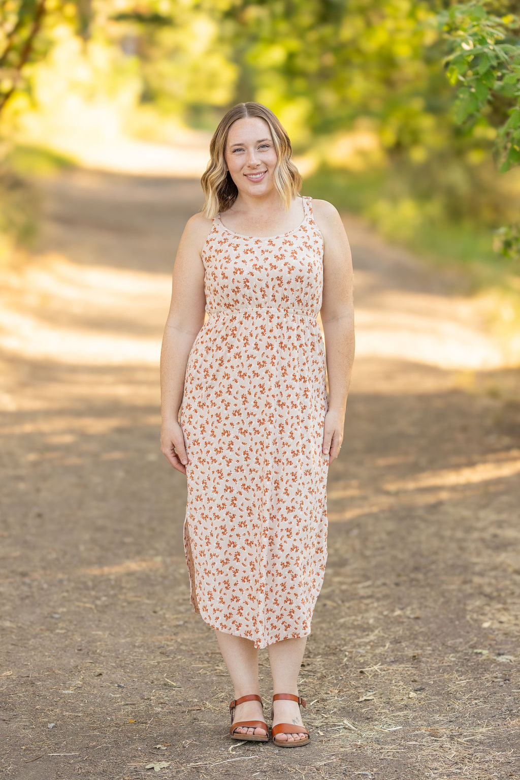 Reagan Ribbed Midi Dress in Sand and Rust Floral