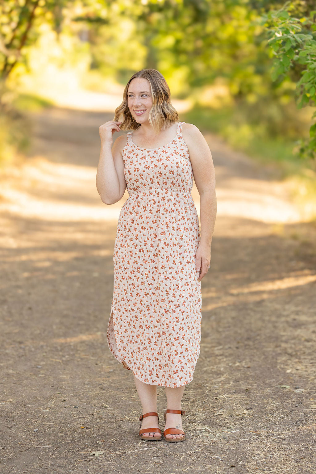 Reagan Ribbed Midi Dress in Sand and Rust Floral