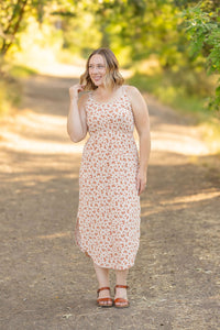 Reagan Ribbed Midi Dress in Sand and Rust Floral