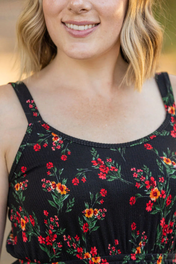 Reagan Ribbed Midi Dress in Black Floral