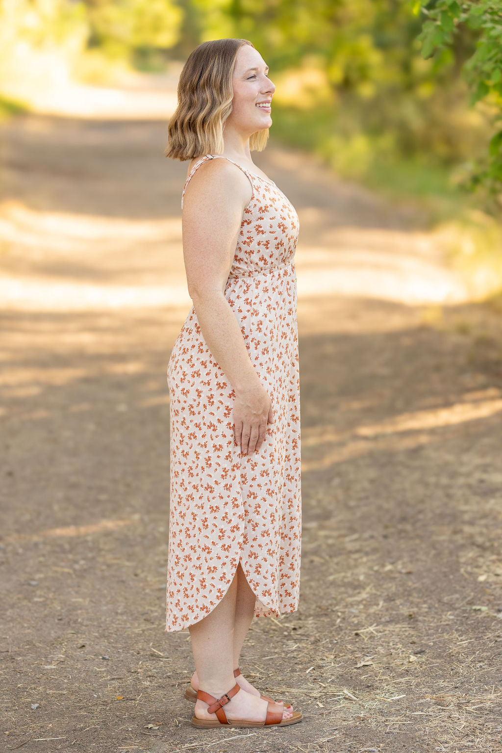 Reagan Ribbed Midi Dress in Sand and Rust Floral
