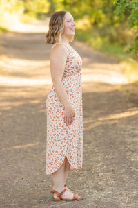 Reagan Ribbed Midi Dress in Sand and Rust Floral