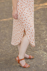 Reagan Ribbed Midi Dress in Sand and Rust Floral