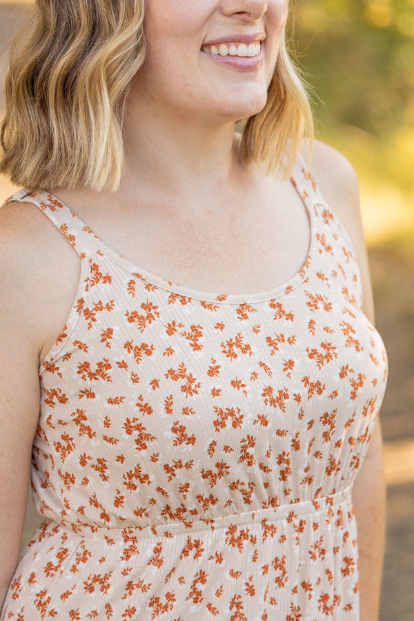 Reagan Ribbed Midi Dress in Sand and Rust Floral