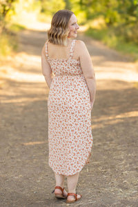Reagan Ribbed Midi Dress in Sand and Rust Floral