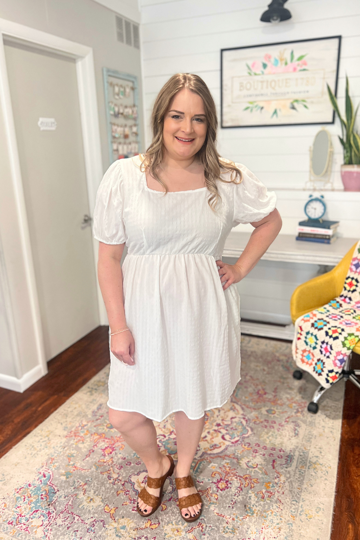 Pop the Bubbly Square Neckline Dress in White