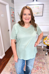 Scalloped V-Neck Top in Mint Green