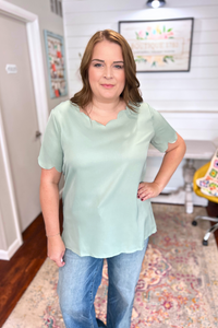 Scalloped V-Neck Top in Mint Green