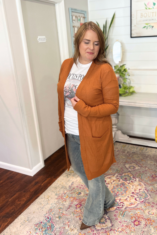 Waffle Knit Pocket Cardigan In Burnt Orange