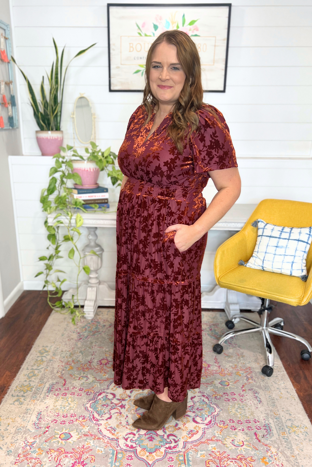 Velvet Floral Midi Dress