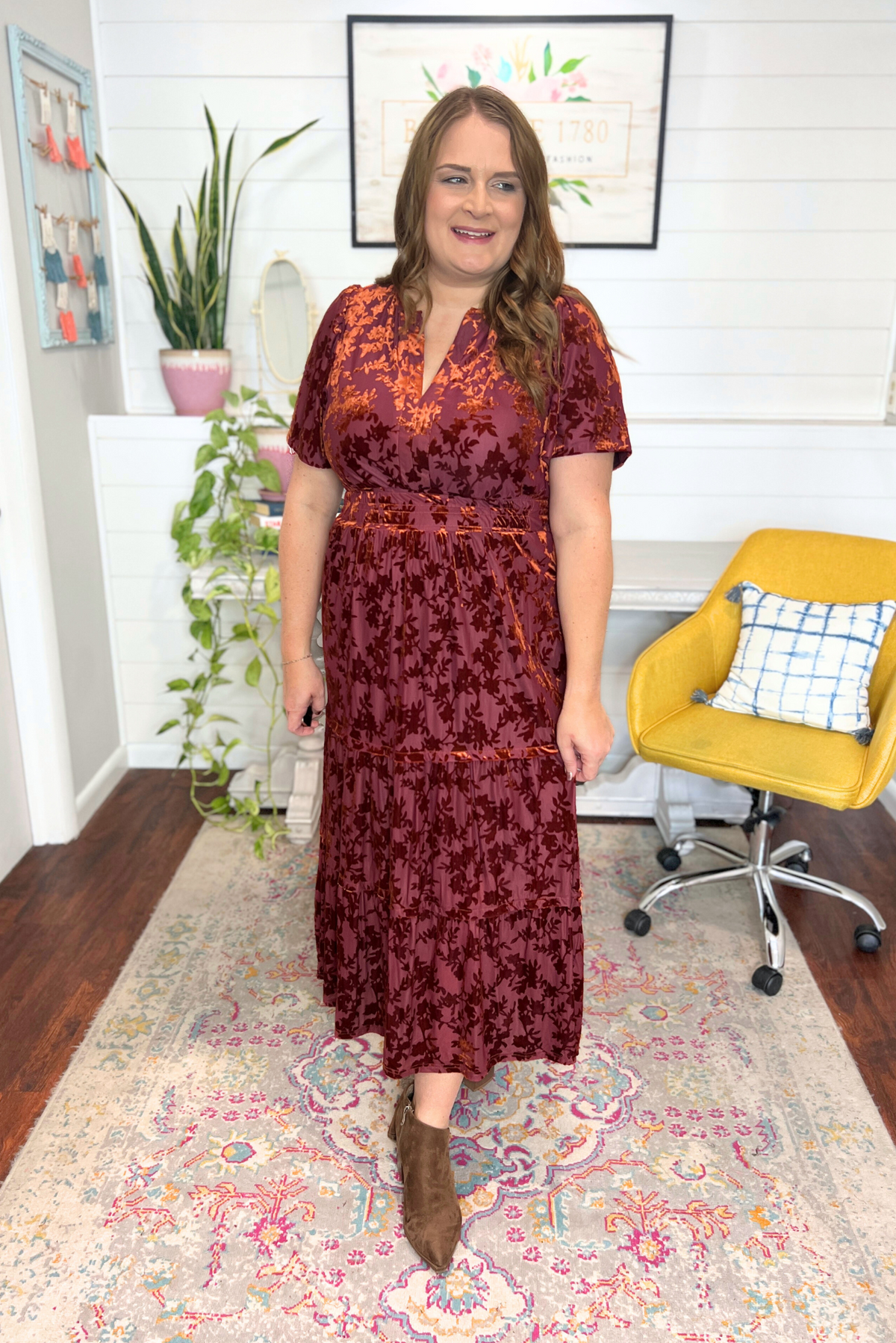 Velvet Floral Midi Dress