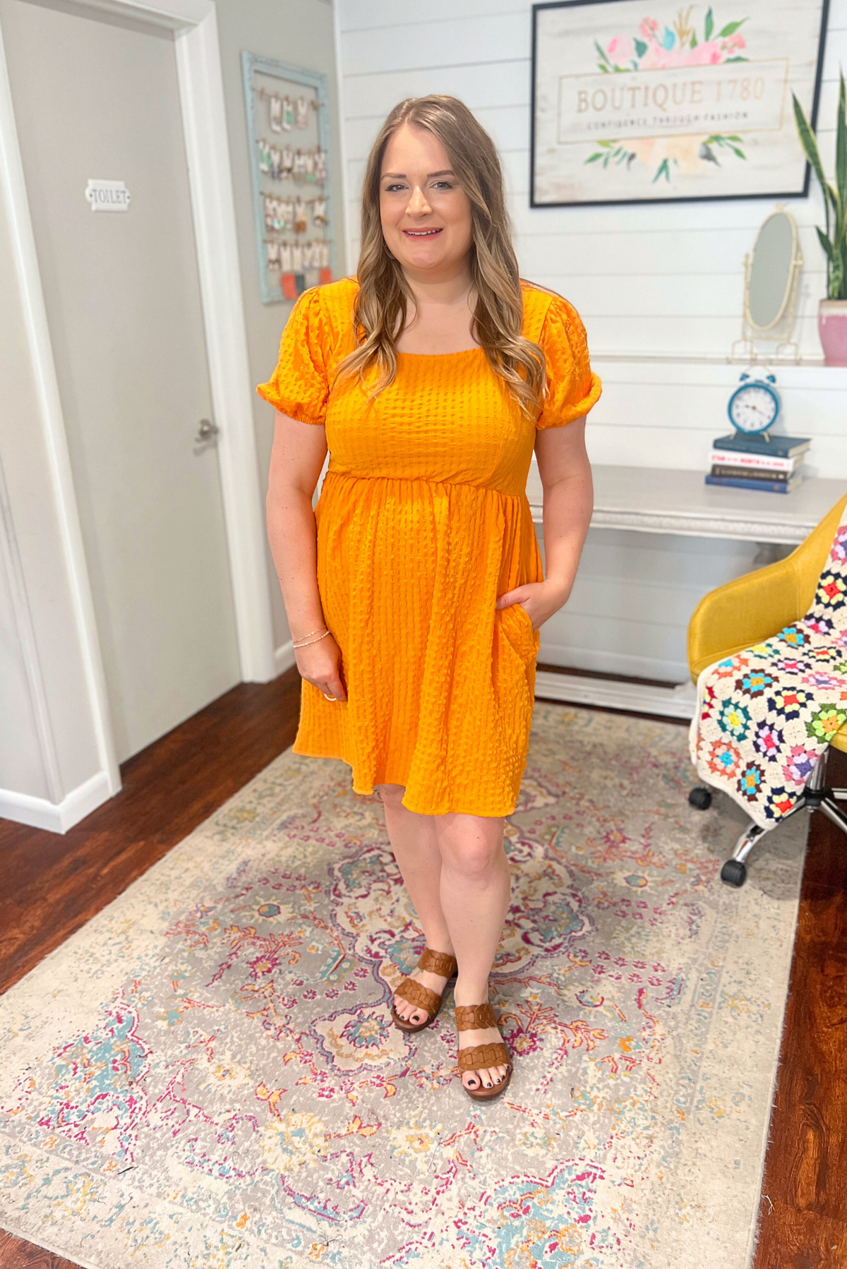 Pop the Bubbly Square Neckline Dress in Tangerine