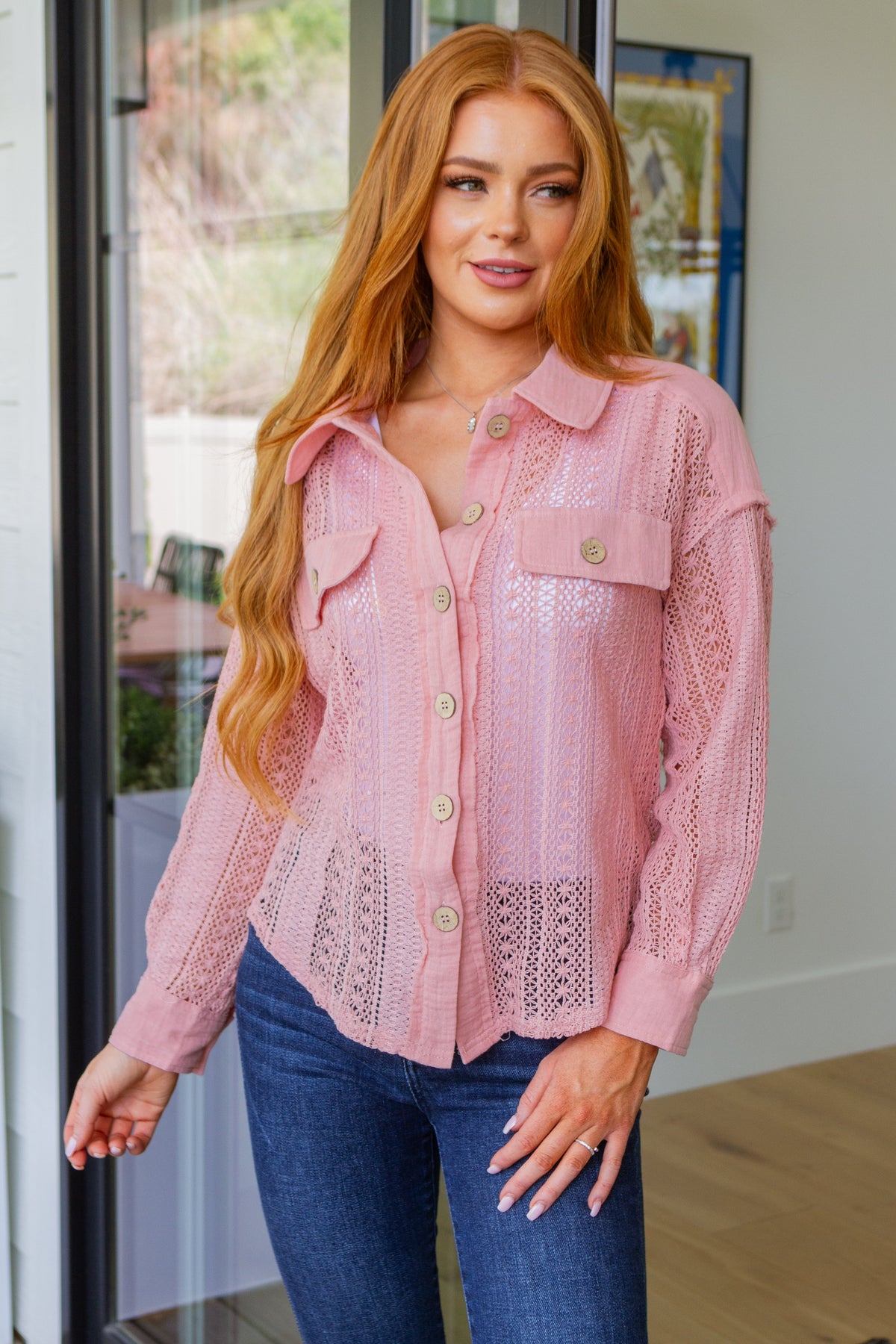 Sweeter Than Nectar Lace Button Down in Rose