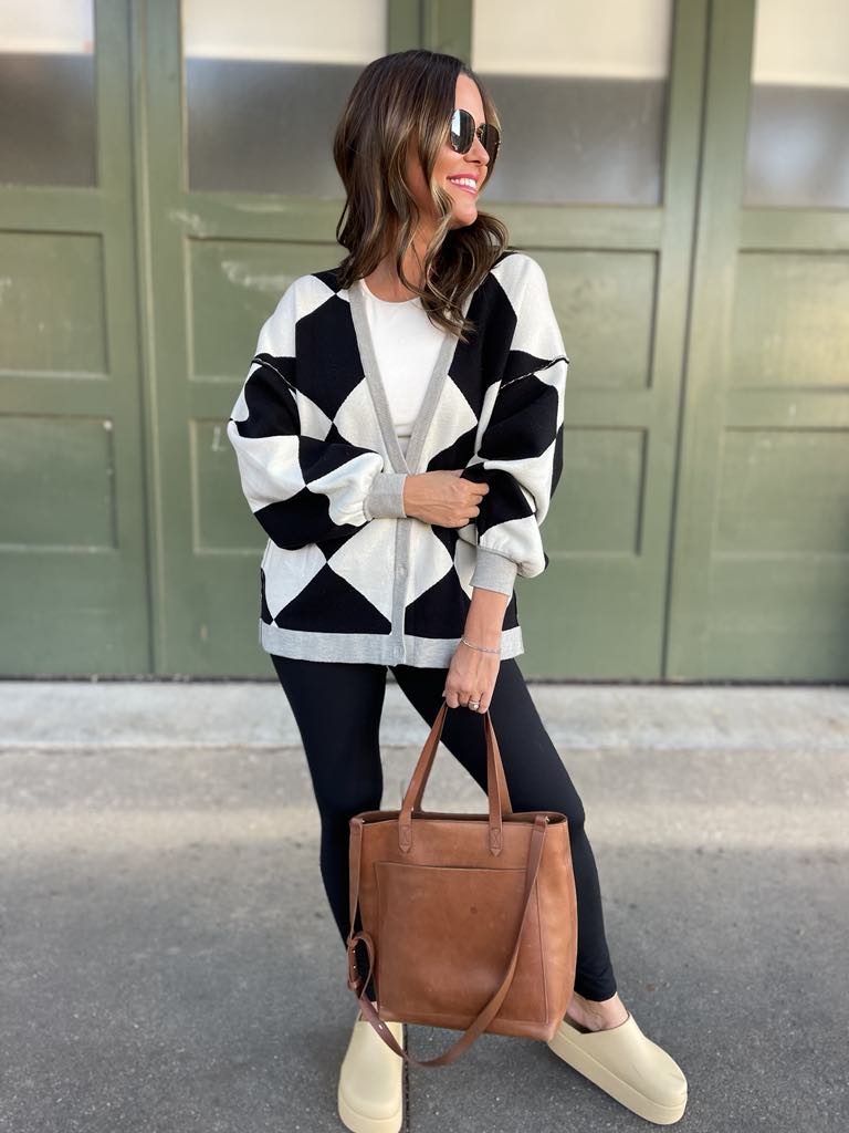 Contrast Trim Cardigan in Black Checkers