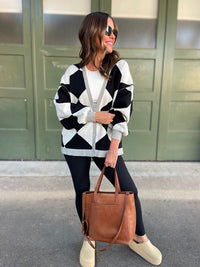 Contrast Trim Cardigan in Black Checkers