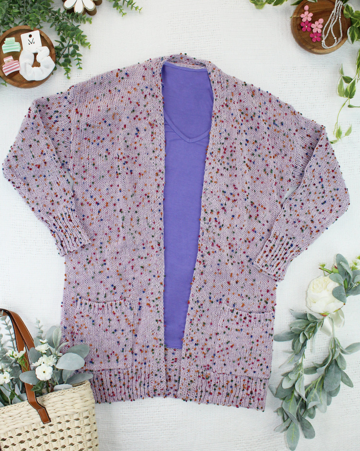 Carly Confetti Dot Cardigan in Lavender