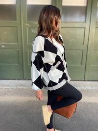 Contrast Trim Cardigan in Black Checkers