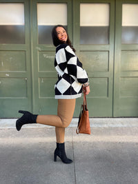 Contrast Trim Cardigan in Black Checkers