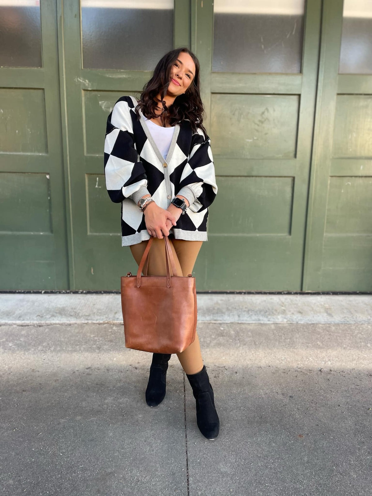 Contrast Trim Cardigan in Black Checkers