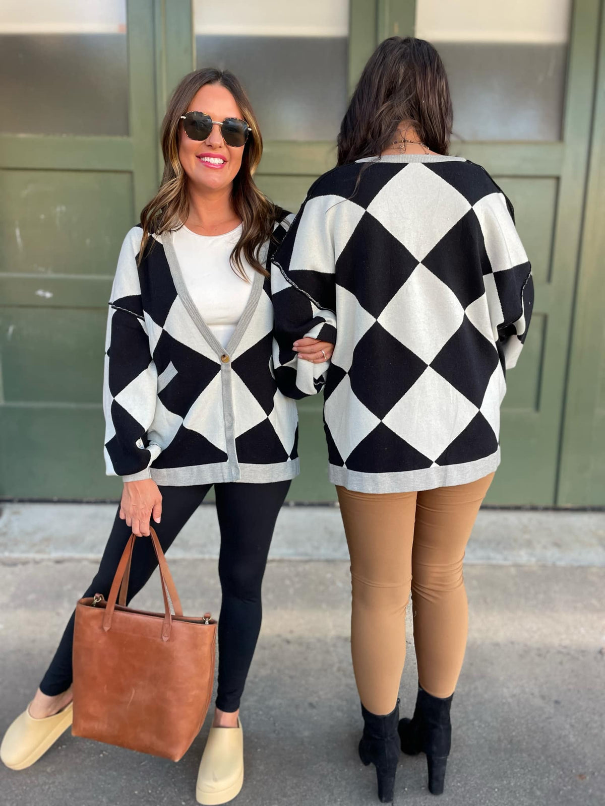 Contrast Trim Cardigan in Black Checkers