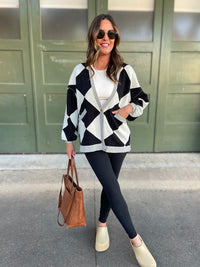 Contrast Trim Cardigan in Black Checkers