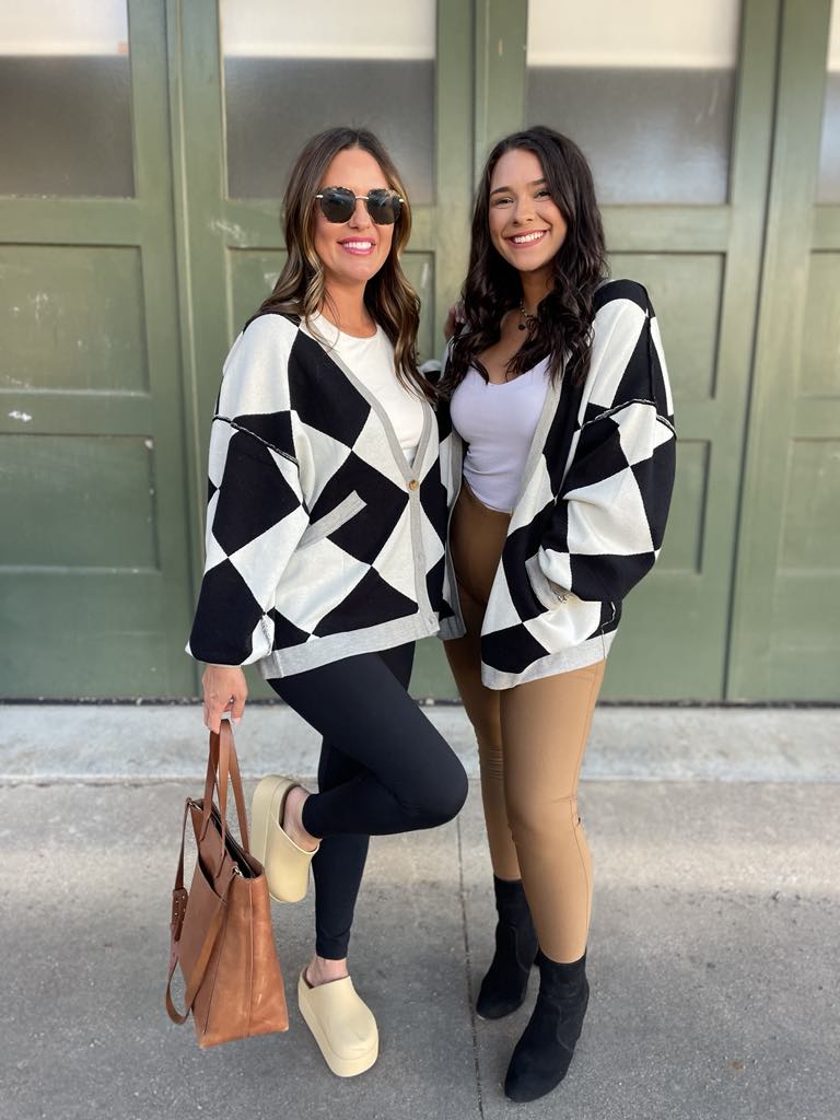 Contrast Trim Cardigan in Black Checkers