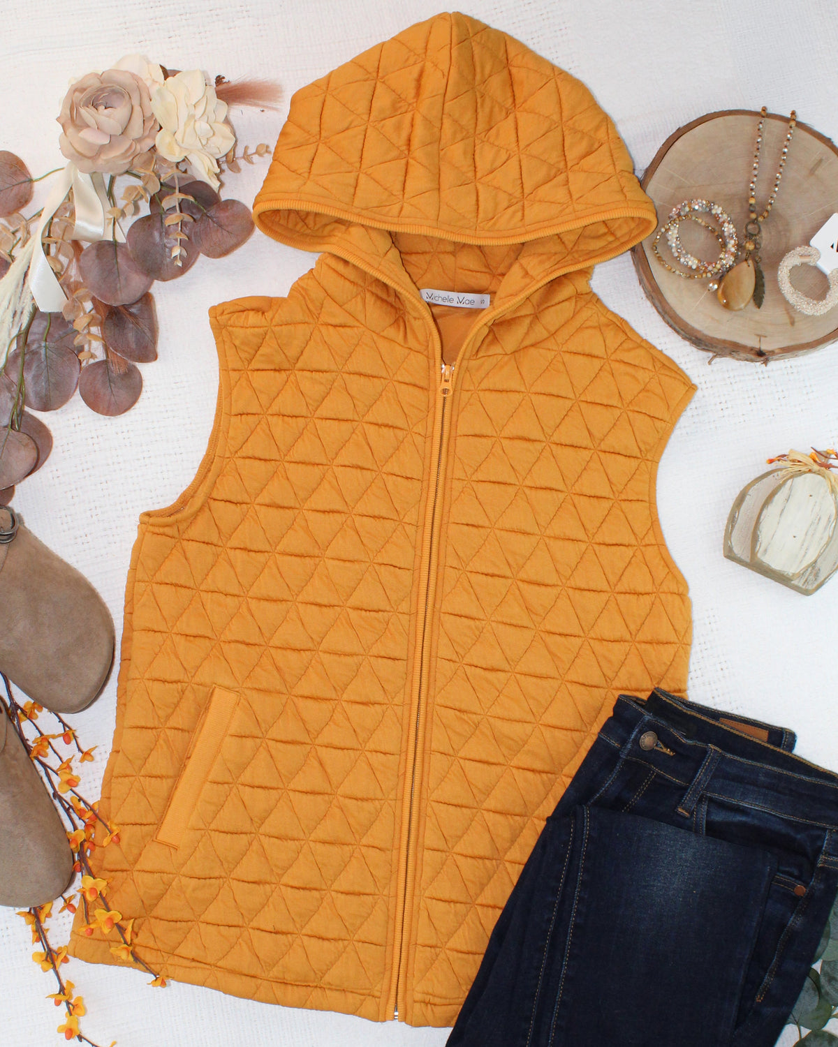 Heather Geometric Hooded Vest in Mustard