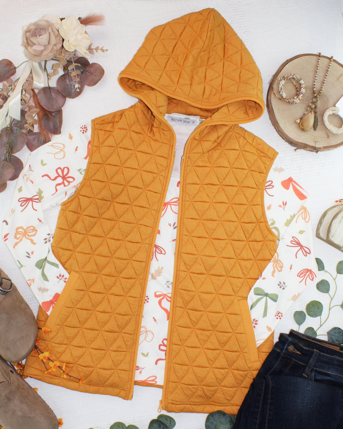 Heather Geometric Hooded Vest in Mustard