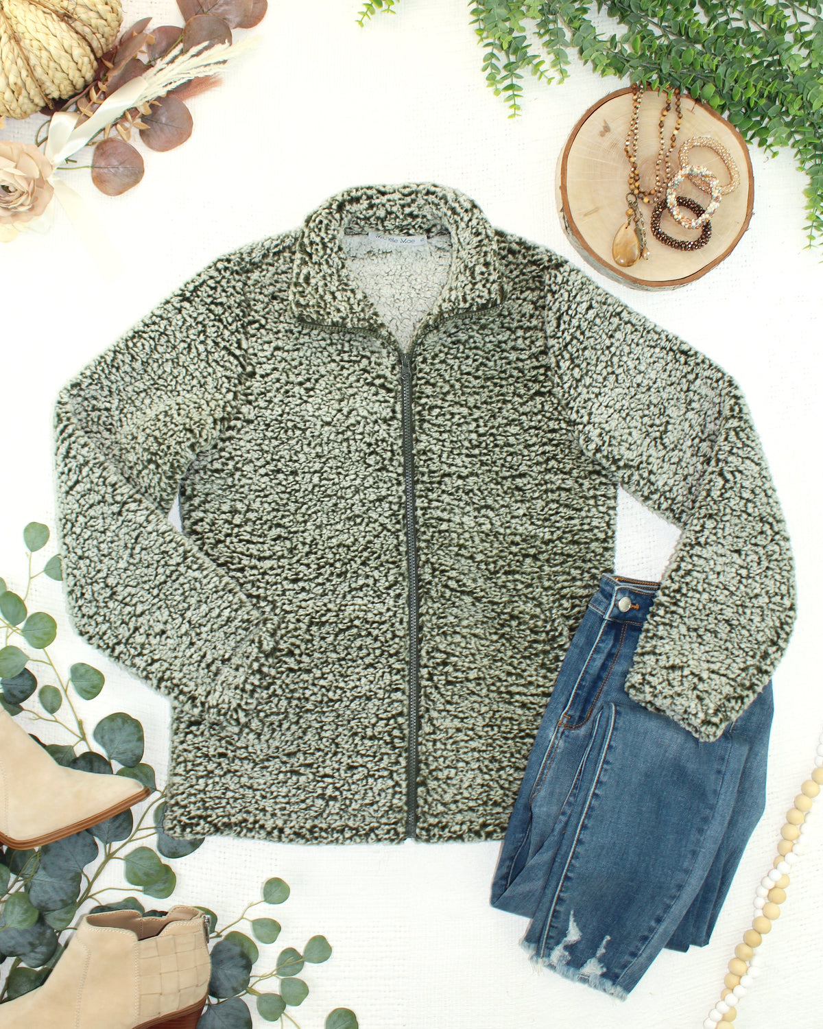 Two Tone Fullzip Sherpa in Olive and White