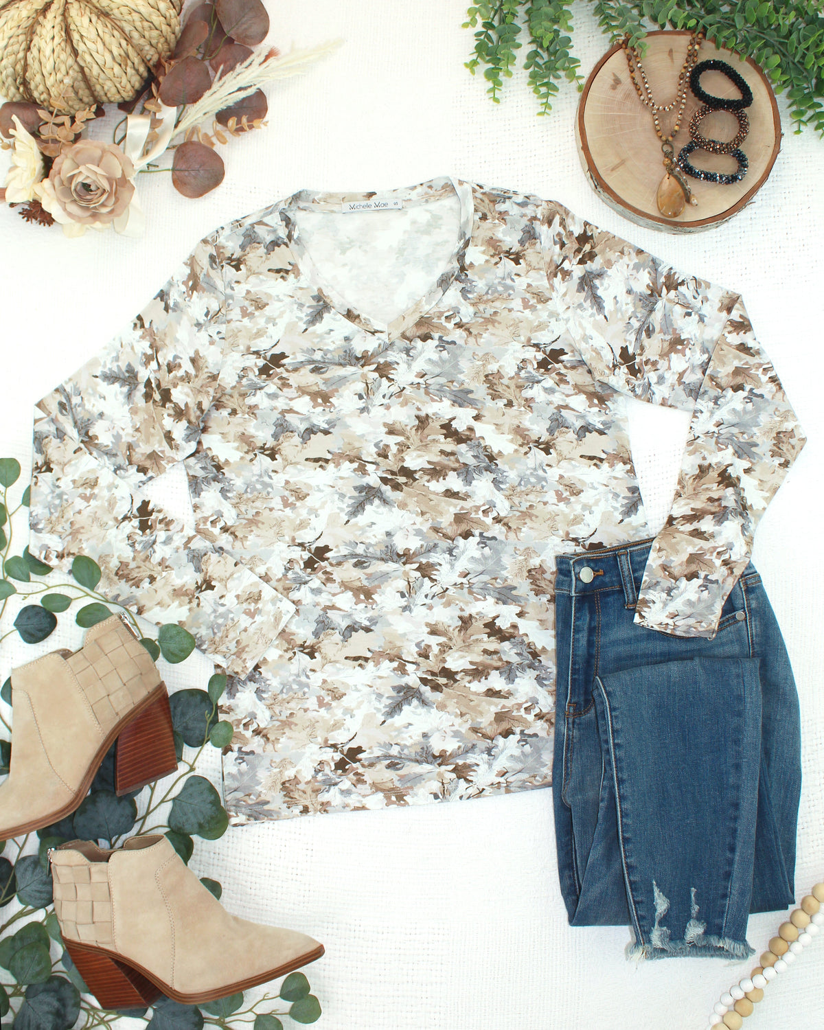 Larissa Long Sleeve in Neutral Leaves