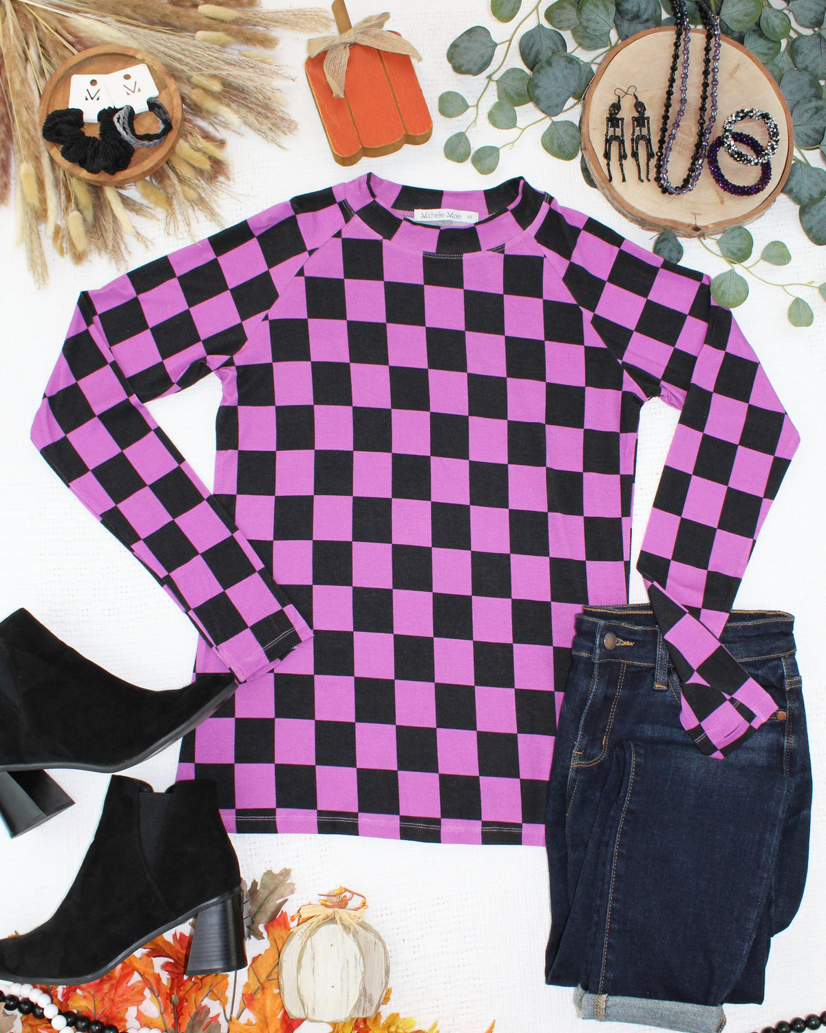 Blair Long Sleeve Top in Black and Purple Checkers