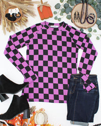 Blair Long Sleeve Top in Black and Purple Checkers