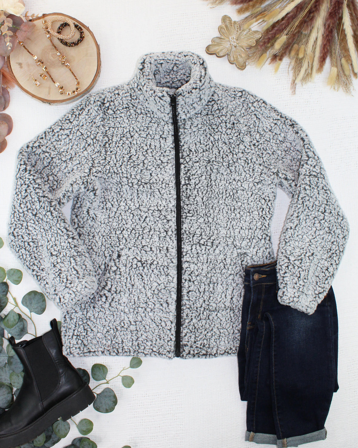 Two Tone Fullzip Sherpa in Charcoal and White