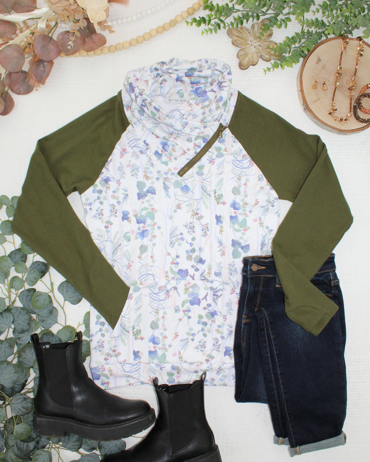 Classic Zoey ZipCowl Sweatshirt in Olive Meadow and Olive