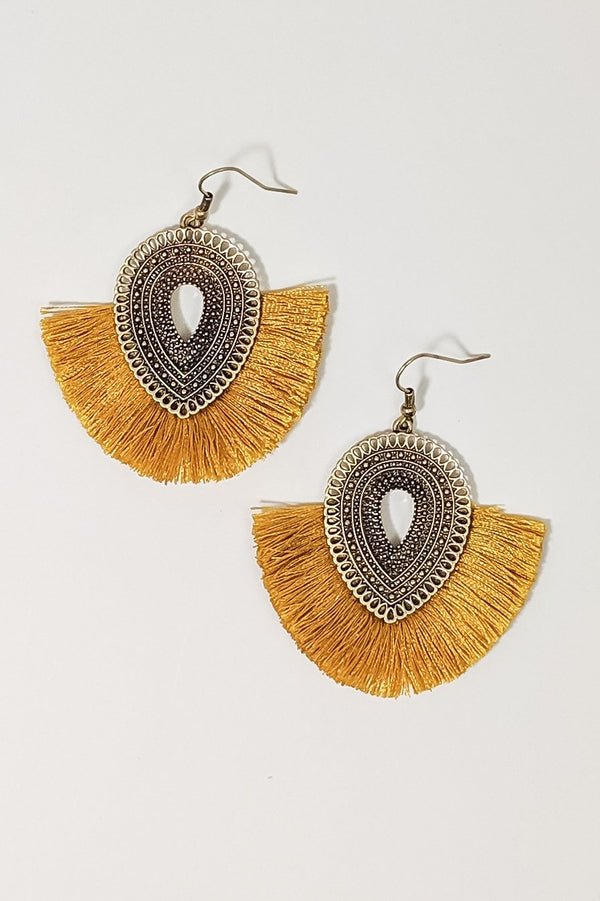 East Meets West Fringe Earrings in Mustard - Boutique 1780