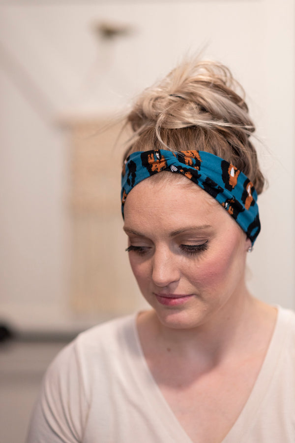 Handmade Knotted Headband in Teal Leopard