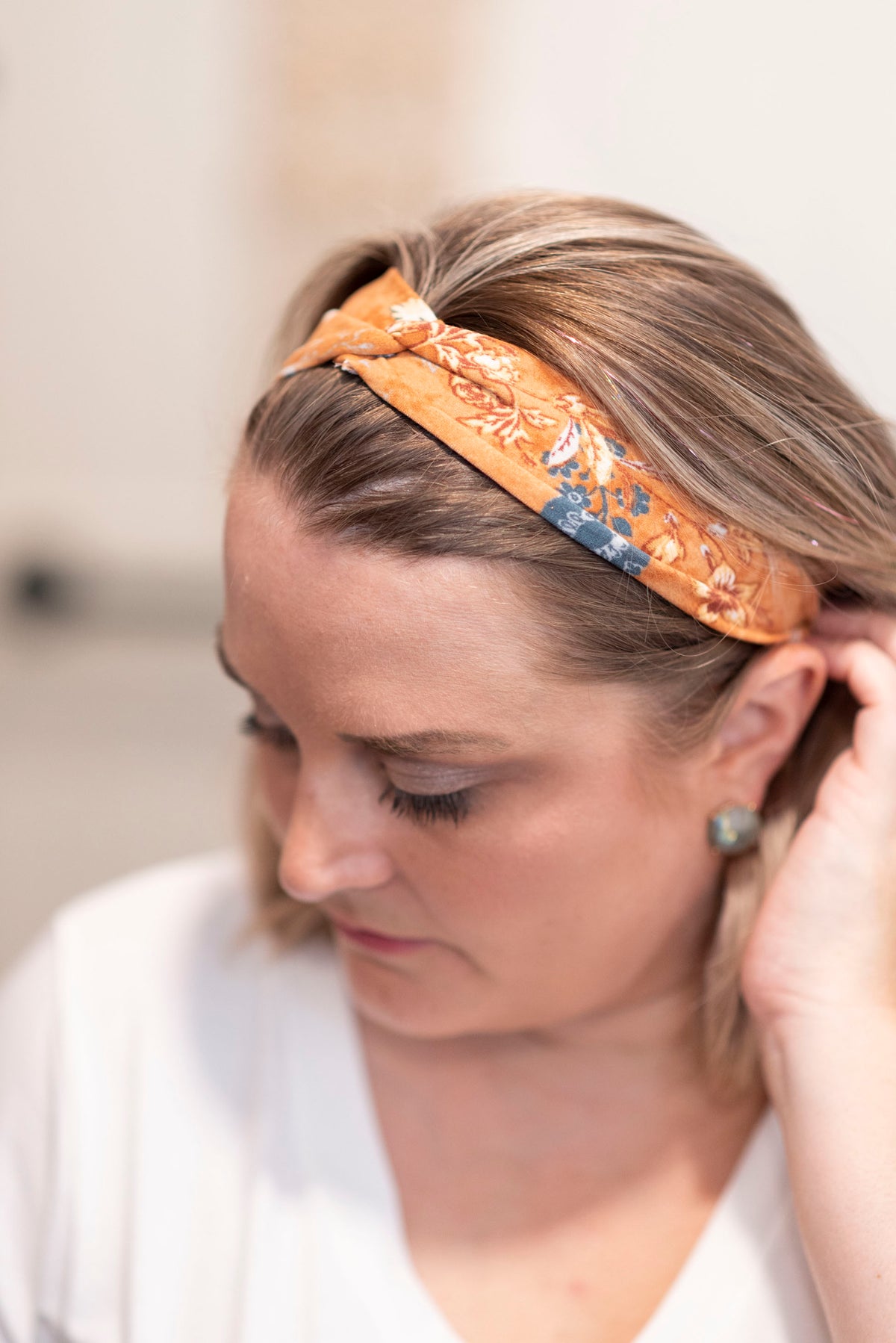Handmade Knotted Headband in Rust Orange Floral